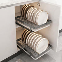 Dish Rack Set with Pull-Out Rack, Carbon Steel Drawer Organizer for Kitchen Cabinet, Space Saving Built-in Track and No Drill Drainage Design