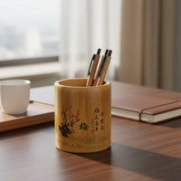 Bamboo Pen Holder Carving Round Bamboo Organizer Versatile Chinese Design Stationery Holder for Calligraphers, Artists