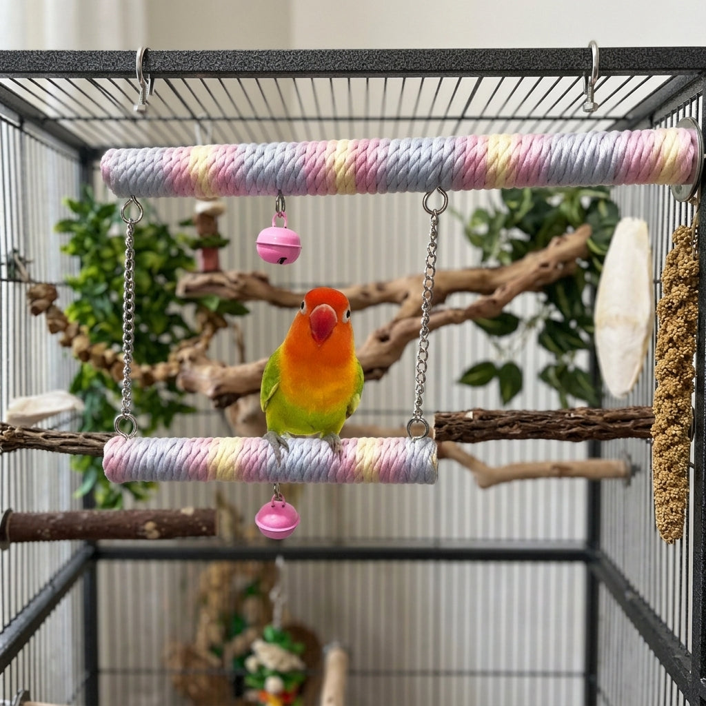 Bird Swing Double Layer Rope Parrot Perch, Parrot Toy with Bells, Bird Rope Cockatiel Perch for Budgies, Parakeet, and Small Parakeets Cage