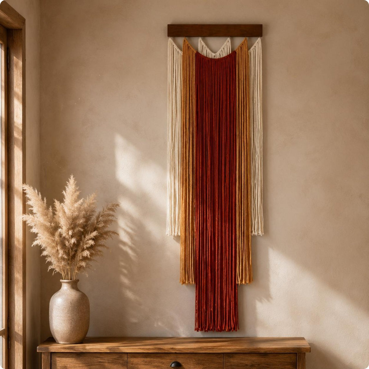 Boho Fringe Wall Hanging Bohemian Aesthetic Wooden Dowel Tapestry