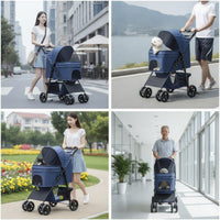 Collapsible Foldable Pet Stroller with Tray Mesh Pet Stroller with Storage Basket Breathable Carrier Compact for Travel