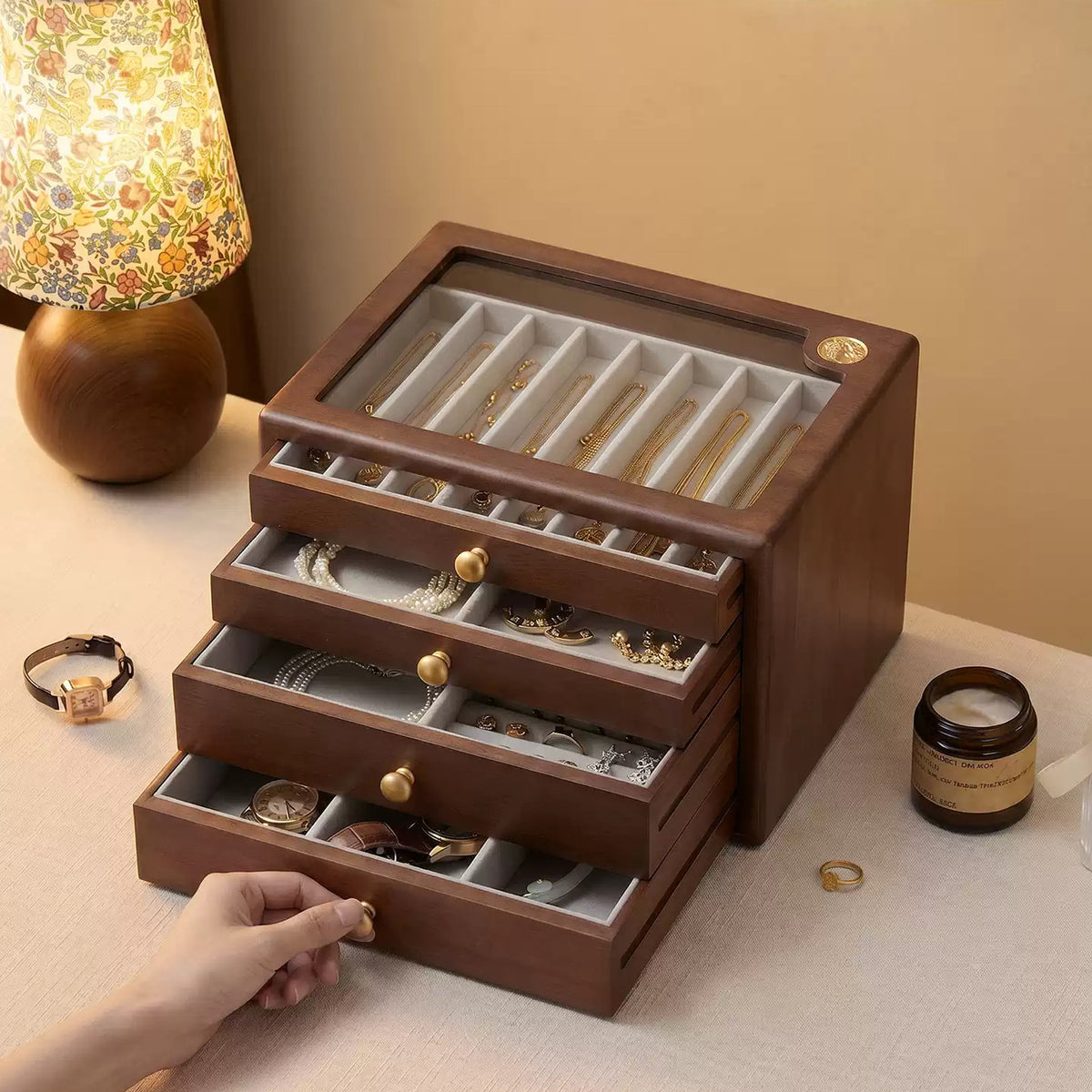 Solid Wood Jewelry Box Large Capacity Multi-layer Transparent Earring Necklace Anti-oxidation Ring Box