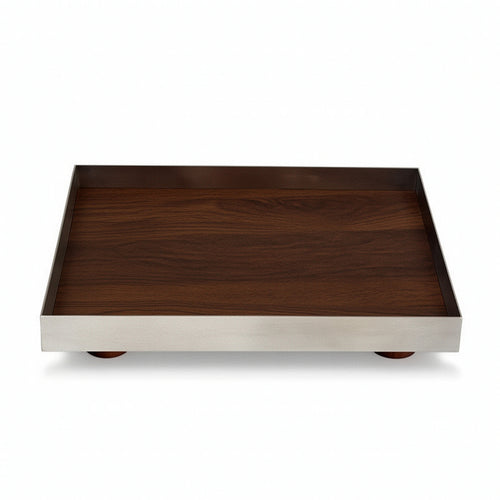 Tray with Wood Interior Polished Stainless Steel Tray Modern for Coffee Table
