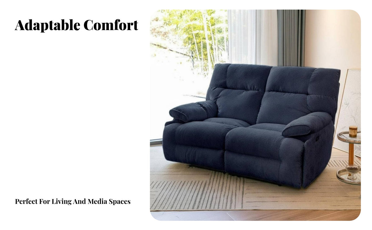 Space-Saver Recliner Design 2-Seater Power Sofa Home Theater type Recliner Adjustable Footrest Reclining Couch Universal Serial Bus Charging Port for Movie Lovers, two people, Homeowners, Apartment, Man Cave