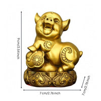Pig Statue with Base Gold-Toned Astrological Ornament Cute for Shelf, Cabinet
