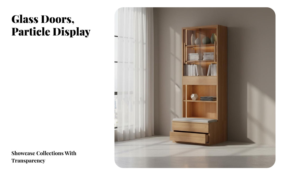 Integrated Drawers floor-to-ceiling bookshelf with Glass Doors personalizedizable Design Glass Door Display Cabinet lattice Shelving bookshelf for Book Lovers, Collectors, homeowners, Living Room, Home Office, Bedroom