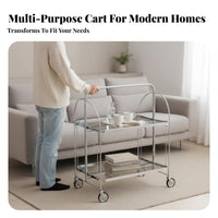Folding Fluted Glass Trolley Easy Mobility 2-Tier Rolling Cart Multi-Purpose