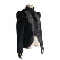 Punk Gothic Women's Long Coat Jacket with Black Embroidered Flowers and Court Lantern Sleeves