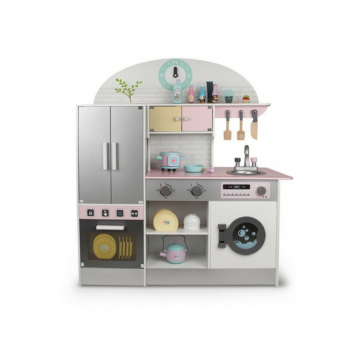 Wooden Play Kitchen Interactive Play Kitchen with Refrigerator   for Kids, Young Children, Playroom, Bedroom, Daycare