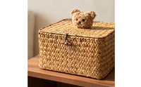 Grass Storage Box with Lid Natural Woven Box with Lid Rectangular for Shelf