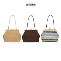 Woven Handbag with Contrast Stripes, Retro Shell Shape, Light Luxury Style