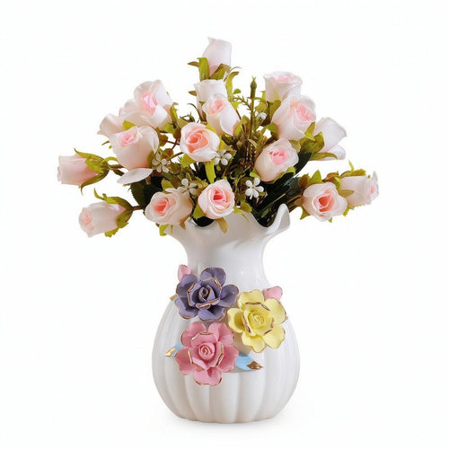 Flower Arrangement with Vase Compact Artificial Rose Bouquet for Reception Desk
