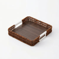 Square Tray with Handles Low-Rise Wood and Rattan Tray Sturdy for Homeowners