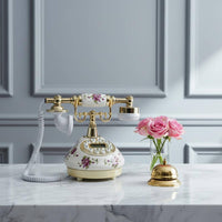 Decorative Ceramic Flower Phone Floral Print Design Telephone No Batteries Needed for Living Room, Gift, Office