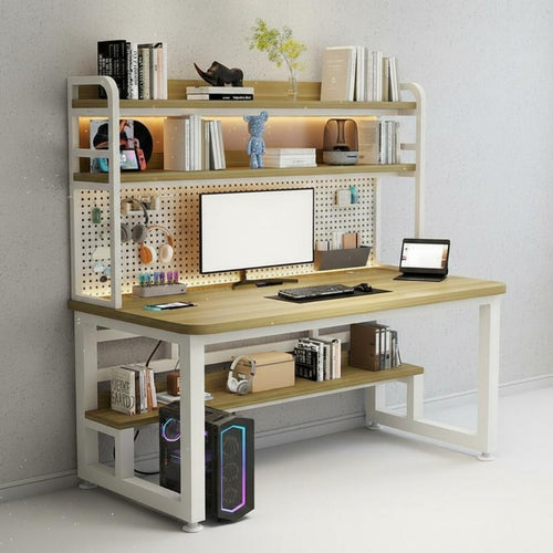 Computer Desk Pegboard Study Table Solid Wood Shelves Multi-level Storage Space Saving Design Built-in Unit Customizable Pegboard Suitable for Students Tech Lovers Bedroom Dorm Room