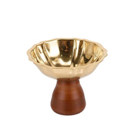 Fluted Dessert Bowl with Wooden Base Food-Grade Scalloped Dessert Cup Natural Stainless Steel Bowl with Wood Base Multipurpose for Parties