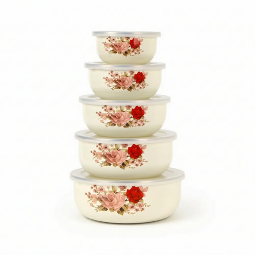 5 Pieces Enamel Bowls with Lids Floral Bowl Set Dishwasher Safe for Refrigerator