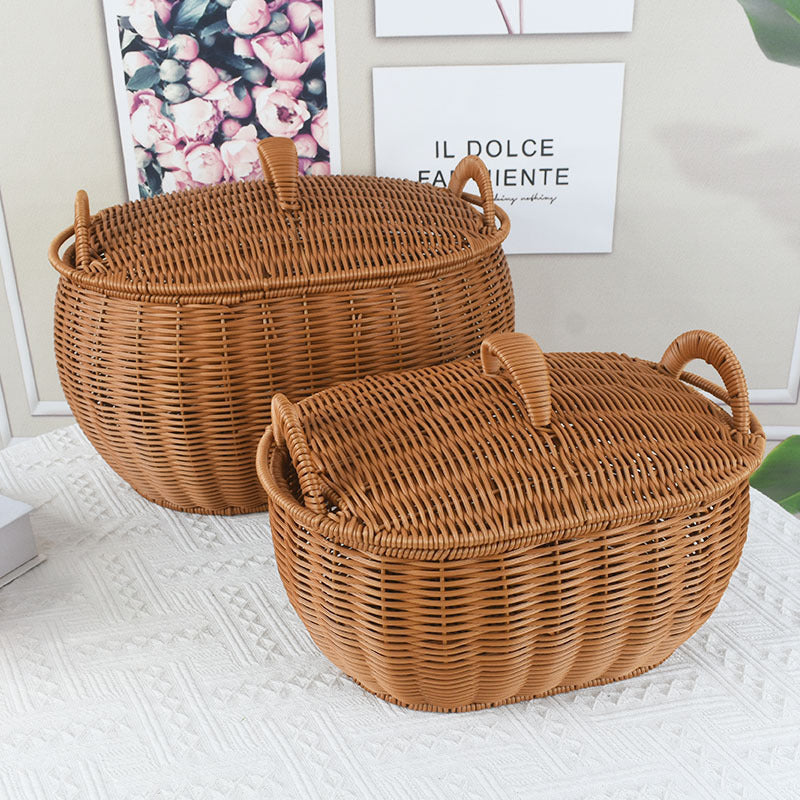 Rattan-Look Handwoven Storage Basket with Lid for Home Organization