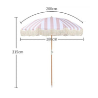 Fringe Patio Umbrella Adjustable Tilt Wooden Pole Sunshade for Poolside