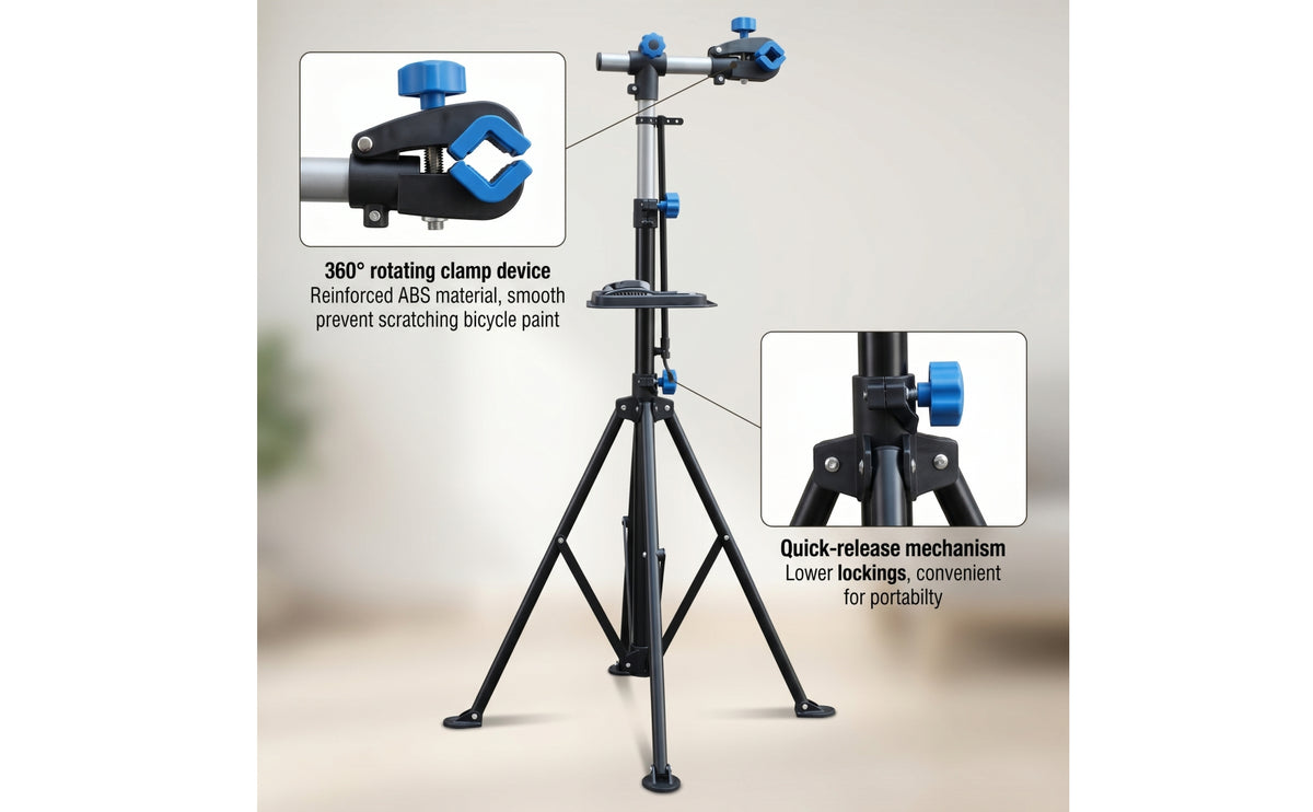 Floor-Standing Bike Repair Stand with Clamp Telescoping Cycle Stand with Tray Rotating Bike Holder Heavy-Duty for Cyclists, Home Garage