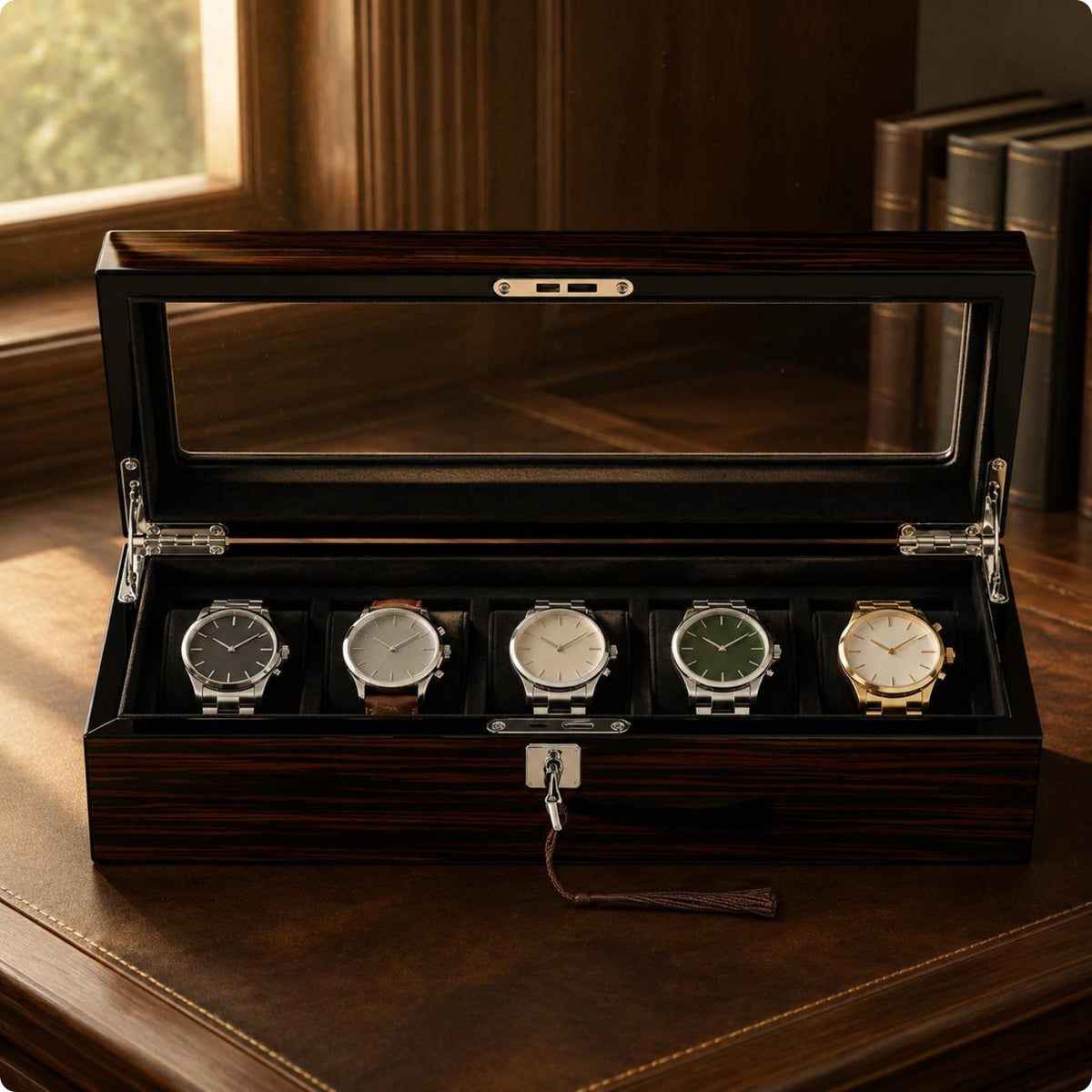 Wooden Watch Display Case Padded Slots Wooden Watch Box Ebony-Toned Wood-Grain
