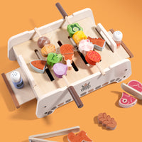 Wooden Kids BBQ Grill Play Set with Simulated Food and Rotating Feature