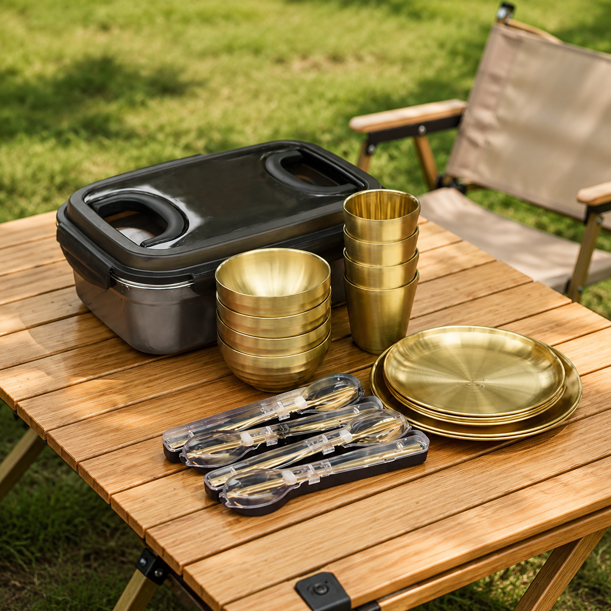 Camping Tableware, Family, Barbecue, For Families, Made of 304 Stainless Steel, Gold, Portable Tableware Set