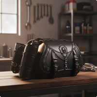 Retro Motorcycle Saddlebags PU Leather Motorcycle Bags with Chains Hard-Shell Side Luggage Shielding for Bikers, Cruiser Riders, Motorcyclists, Touring, Road Trips, Commuting