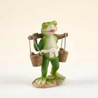 Cute Frog Figurine with Shoulder Pole Whimsical Cartoon Frog Statue Decorative Sculpture Funny for Collectors, Living Room, Bookshelf, Office, Plant Display