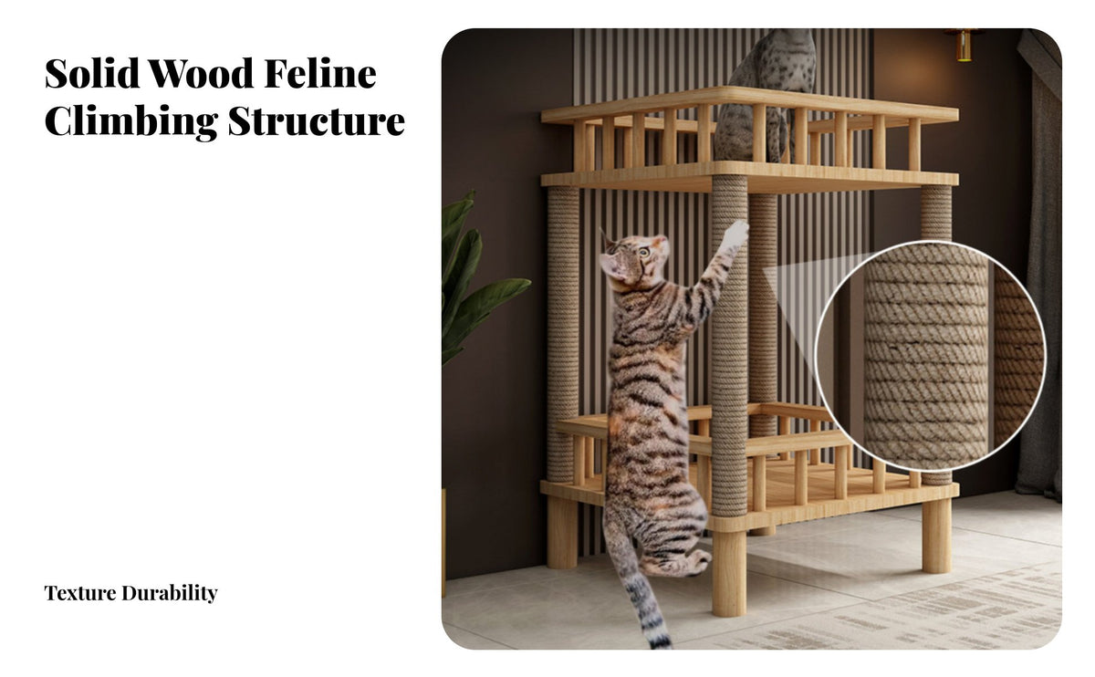 Cat House Cabinet with Scratching Posts Multifunctional Design Wooden Cat Climbing Tree Solid Lumber Wood for Cats, Kittens, Apartments, Indoor
