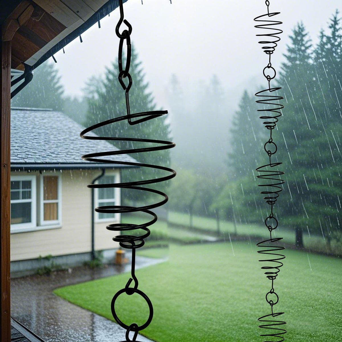 Double Ring Reinforced Rotating Spring Rain Chain, Metal Outdoor Eaves Decoration and Downspout Wind Chime