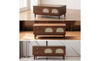 Walnut-Tone Coffee Table with Cabinet Woven Rattan-Style Coffee Table with Drawers Tapered Legs Furniture Retro for Living Room, Apartment, Lounge