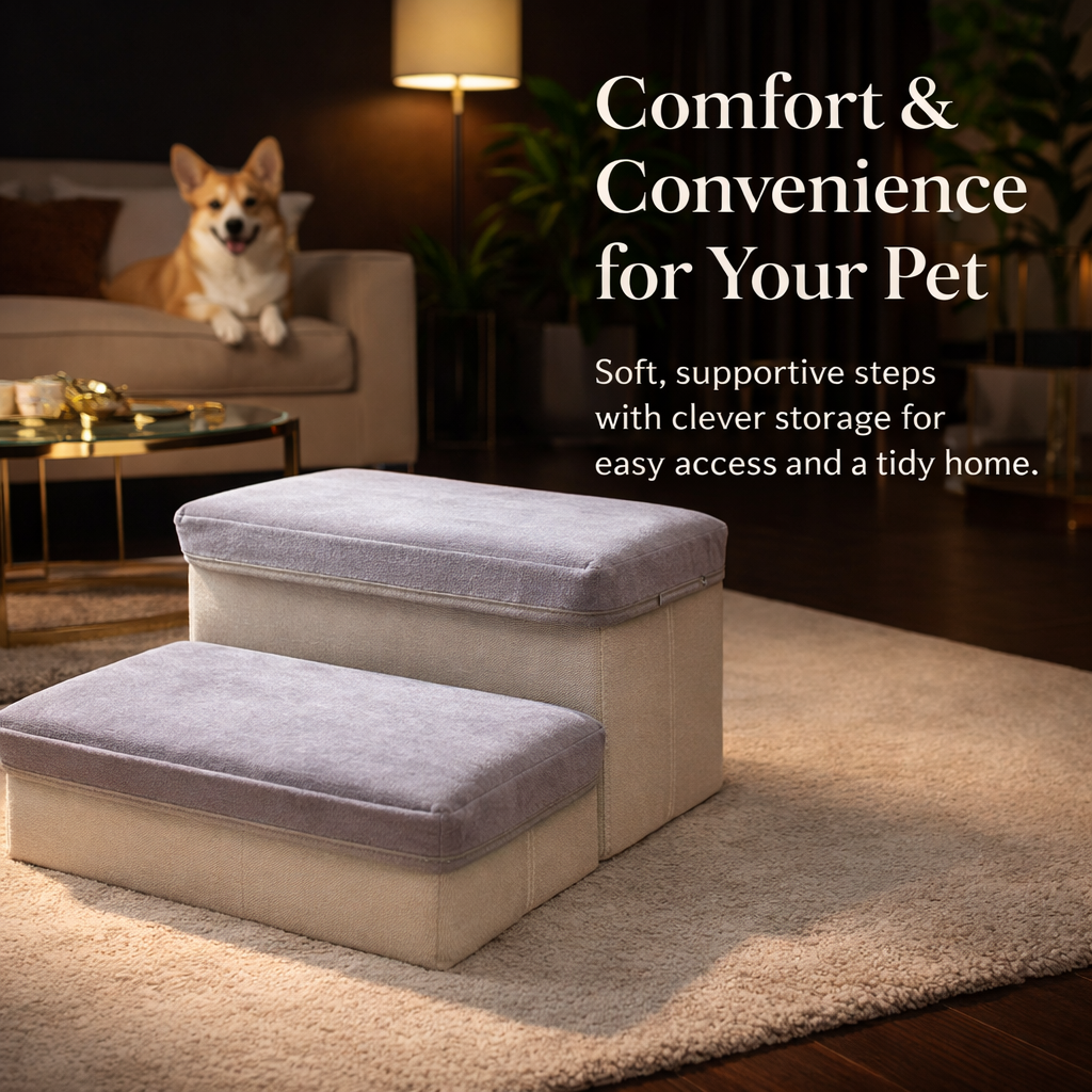 Dog Steps for Bed and Sofa with Foldable Design and Storage Compartment, Non-Slip Pet Stairs for Bedroom, Stable Ramp