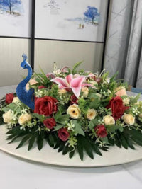 孔雀头酒店大圆餐桌转盘中间布置餐桌宴会花艺会议仿真花装饰摆件