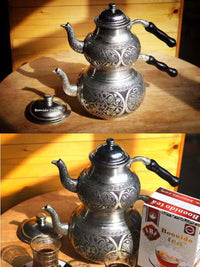 土耳其红茶壶子母壶金色银色雕花手工打造铜制厚重奥斯曼茶具现货