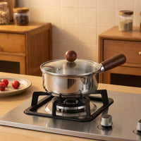 Baby Food and Milk Pan Stainless Steel Pot for Induction Hobs, Small Saucepan with Lid and Glass Lid, Noodle Pot with Wooden Handle, 1 Pack