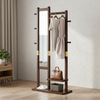 Standing Coat Rack with Mirror Wooden Clothes Stand Storage Organizer Garment Rack Combination with Shelves and Hooks Space-saving Function Suitable for Renters Adults Entryway Bedroom Apartment