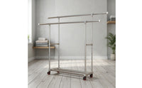 Adjustable Height Rolling Clothes Rack with Shelf Freestanding Double Rod Garment Rack Heavy Duty Furniture Sturdy for Laundry Room, Bedroom, Balcony