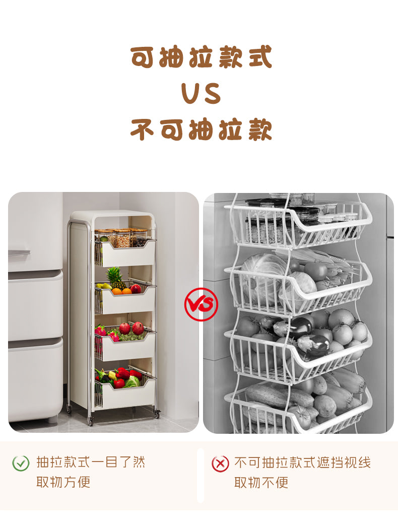 厨房蔬菜置物架落地多层放菜架子抽屉式小推车多功能水果收纳神器 米白色3层蔬菜架宽53.2深30高84cm【M523】