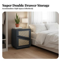 Rattan Nightstand with 2 Drawers Slim Profile Bedroom Furniture Rounded Corners