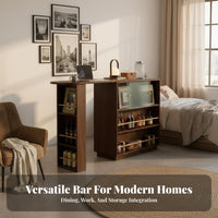 1 Piece Extendable Bar Table Cabinet Retractable Sideboard Sintered Stone Top Fluted Glass Storage Suitable for Entertainers Adults Living Room Divider Kitchen Home Decoration