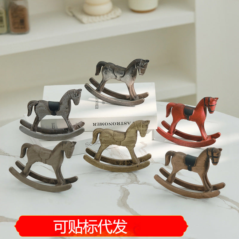 Wooden Rocking Horse Decorative Figurine for Desk or Bar