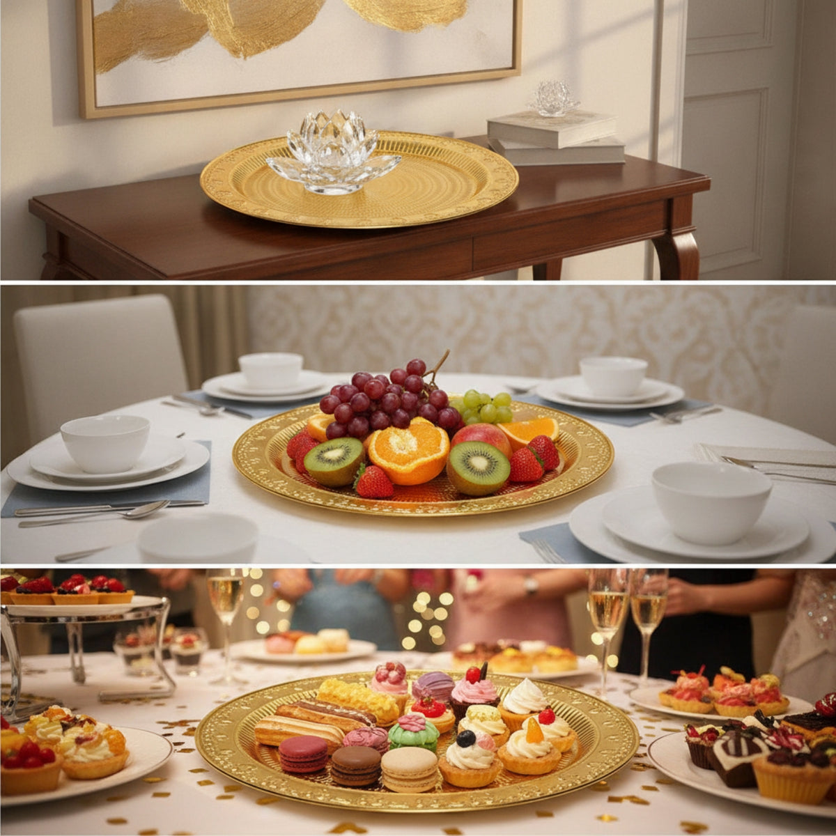 Vintage-Style Metal Tray with Embossed Rim Round Gold Serving Tray Ornamental Display Platter Elegant for Dessert Tables