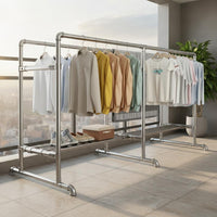 Rolling Dual-rod Garment Rack Heavy-duty Clothing Organizer with Sturdy Rust-resistant Steel Double Rod Design Bottom Storage Shelf Lockable Wheels Windproof Holders for Students Balcony Outdoor Dorm Room Home