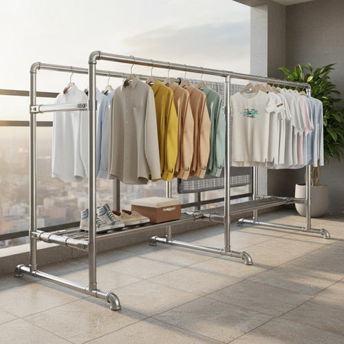 Rolling Dual-rod Garment Rack Heavy-duty Clothing Organizer with Sturdy Rust-resistant Steel Double Rod Design Bottom Storage Shelf Lockable Wheels Windproof Holders for Students Balcony Outdoor Dorm Room Home