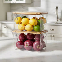 2 Pieces Multi-Purpose Bamboo Lid Storage Box Easy to Clean Plastic Bin with Bamboo Lid Shatter-Resistant for Cabinet