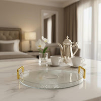 Round Serving Tray Light Luxury Gold Rim Tray Easy to Carry for Hotel, Tea Table
