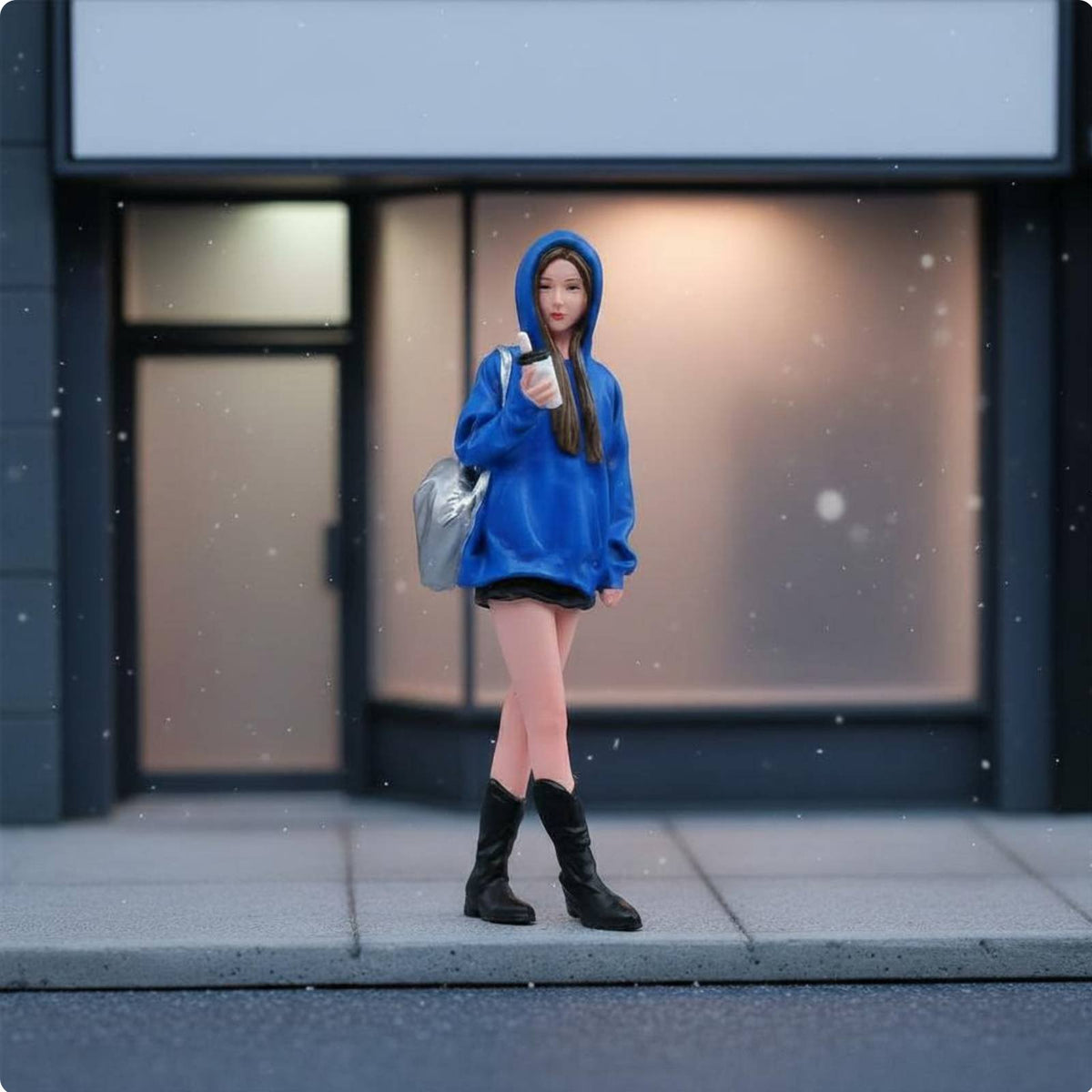 1/18 Scale Hoodie Girl Figurine Hand-Painted Female Figure in Blue Hoodie Resin Material Hobby Supply for Collectors, Dioramas
