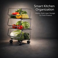 Stainless Steel Kitchen Storage Trolley on Wheels for Vegetables and Fruits, Rolling Bathroom Cart with Removable Baskets
