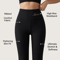 Gym Leggings for Women with Ribbed Texture and Embroidered Detail, High Waist for Autumn Winter Loungewear, Full Length
